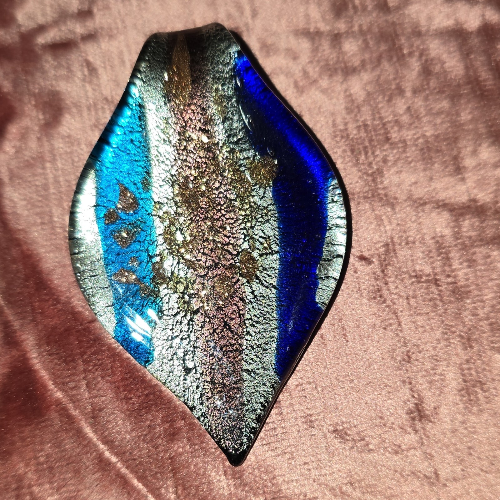 Blue & Black Glass Leaf Pendant with Bail Gold Tone Accents Blue & Gold Stone
