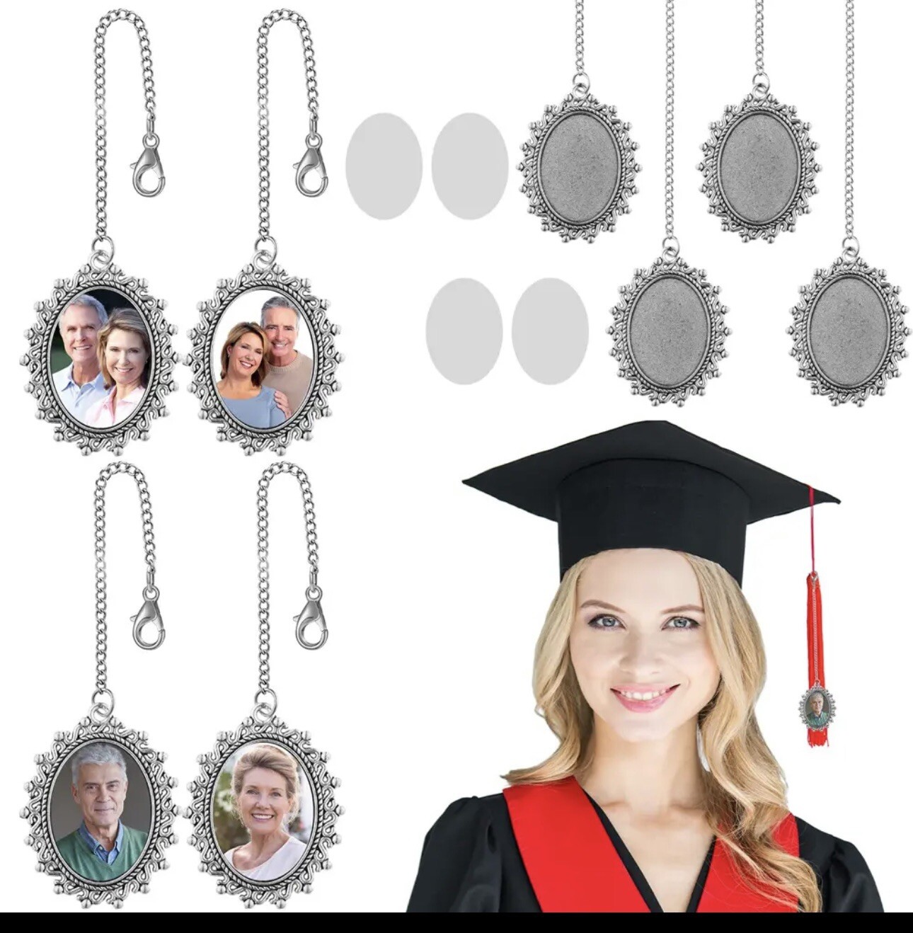 Graduation Cap Tassel Photo Charm Decoration Oval Silver Tone New Gift *1 Charm*