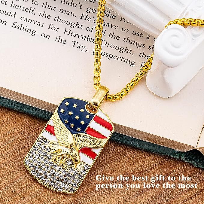 Stainless Steel American Eagle Dog Tag Pendant & 3mm 24″ Rolo Chain Necklace