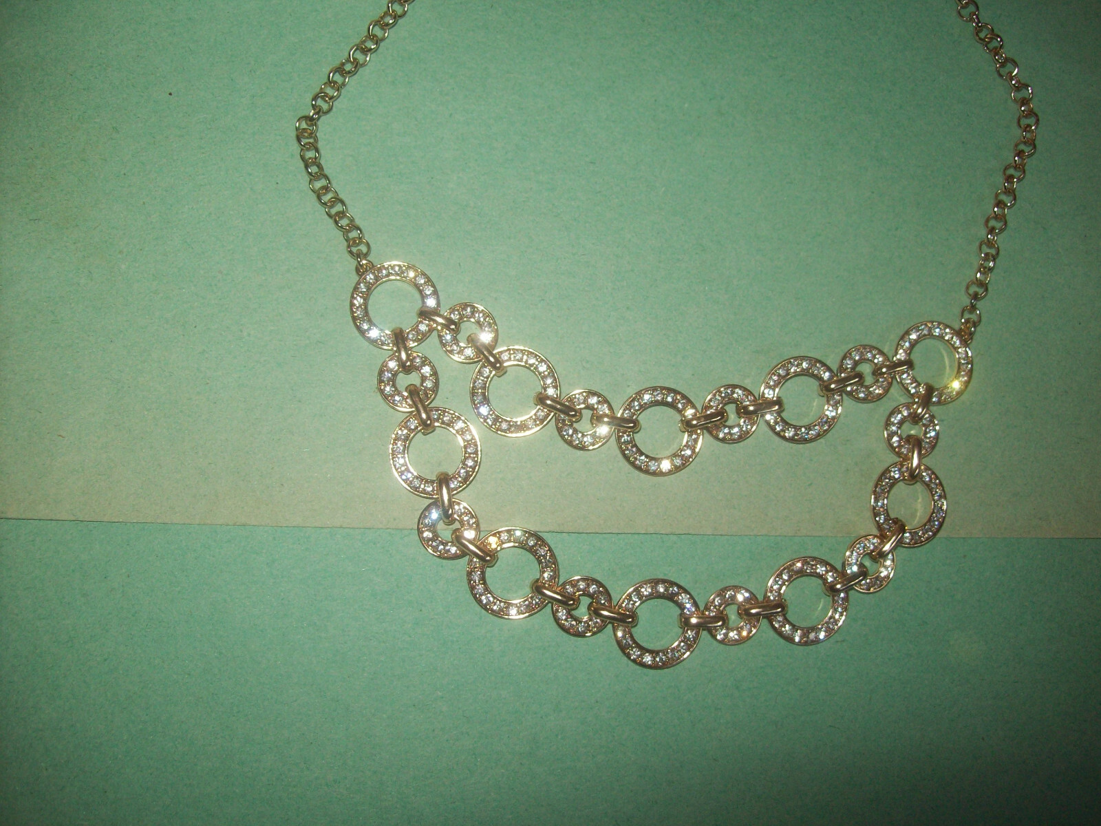 CHARTER CLUB 2 STRAND GOLD TONE CONNECTED RINGS SPARKLING RHINESTONES NECKLACE