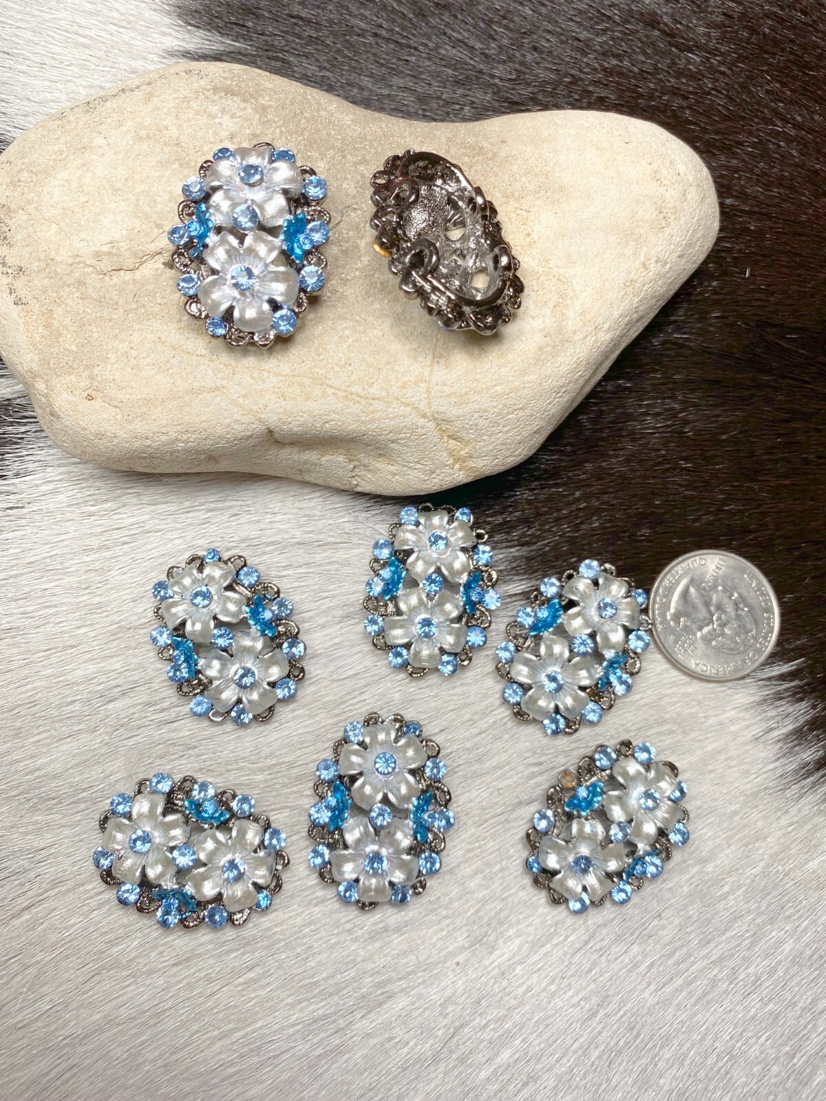2 hole slider beads for Jewelry Making Blue Flowers set 6 1.25″