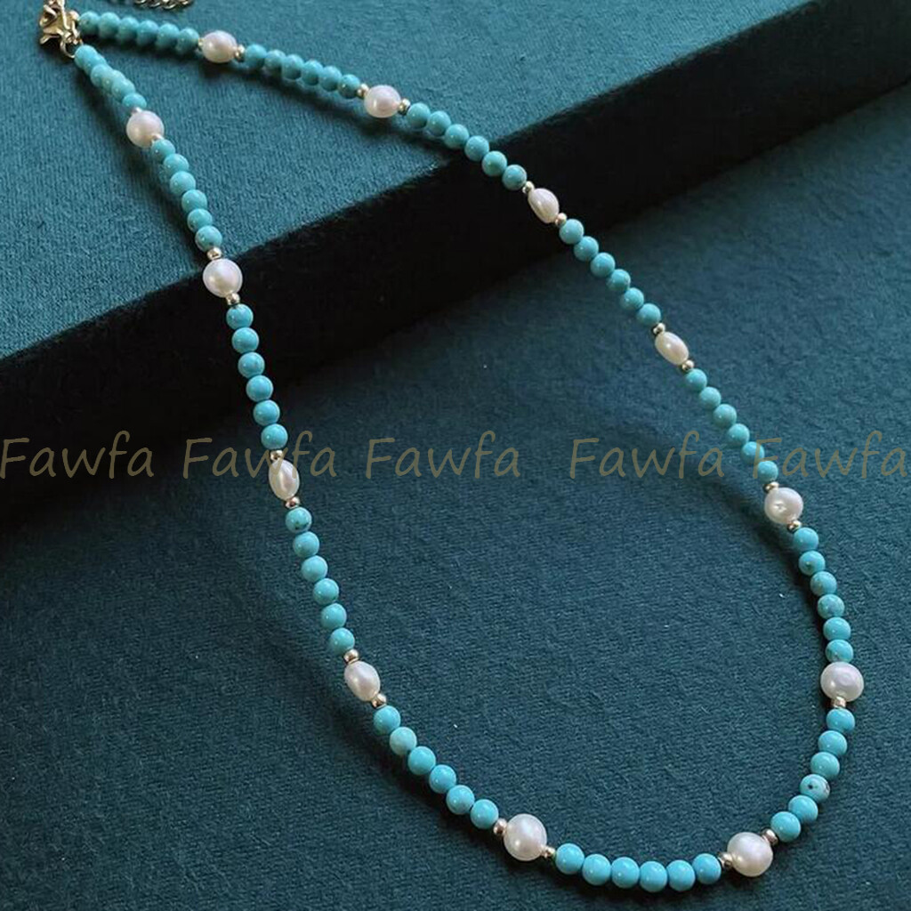 4mm Natural Turquoise Round Gems Beads 6-7mm White Baroque Pearl Necklace 14-36″