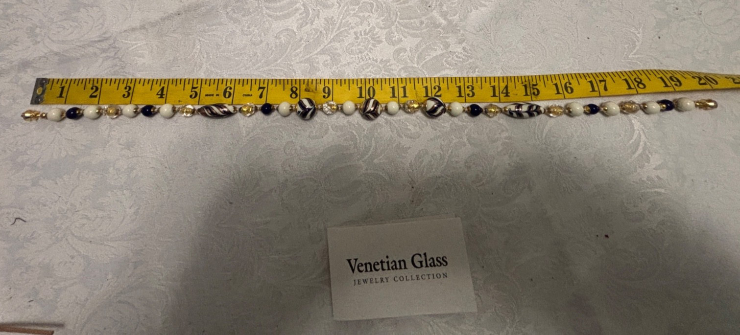 Venetian Glass Beads NECKLACE 20″ Cream Navy Gold Handcrafted IBB Italy Boxed
