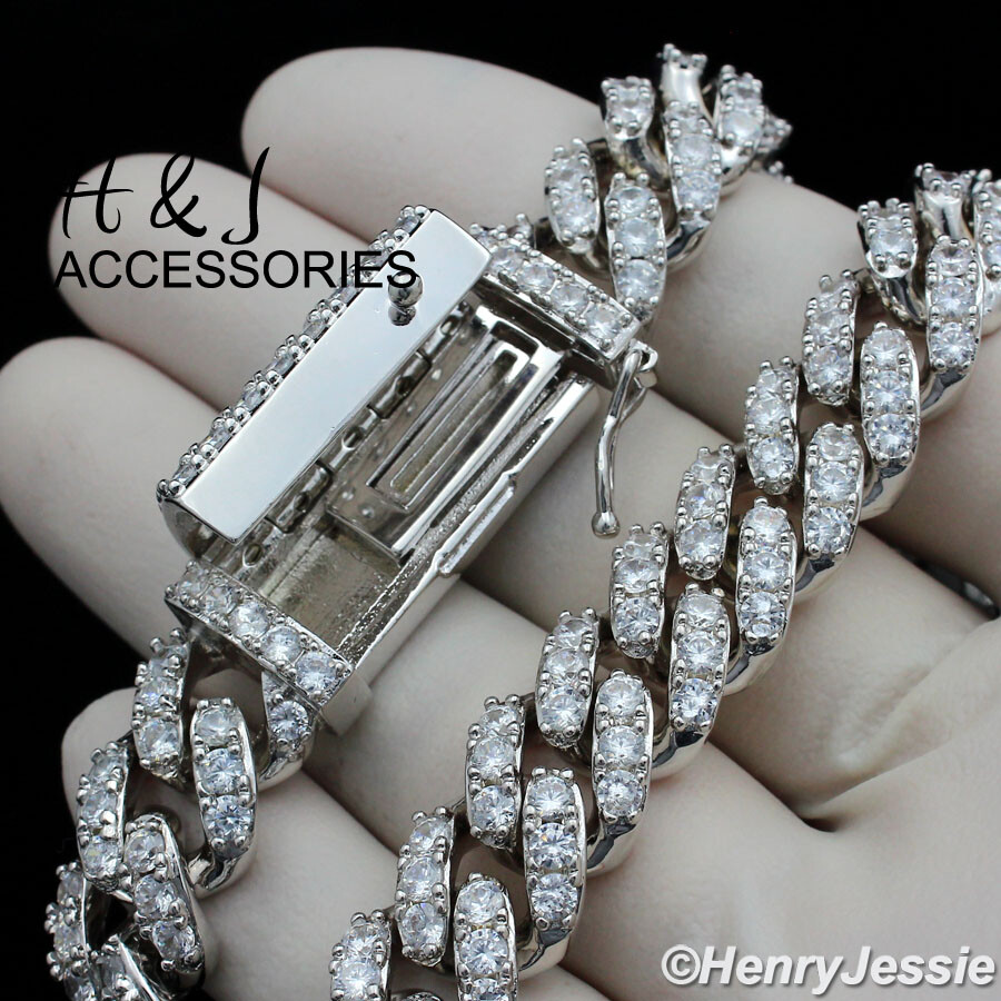 MEN 14K WHITE GOLD PLATED 18″-24″X12MM CZ PRONG SET CURB CHAIN NECKLACE*ABN5