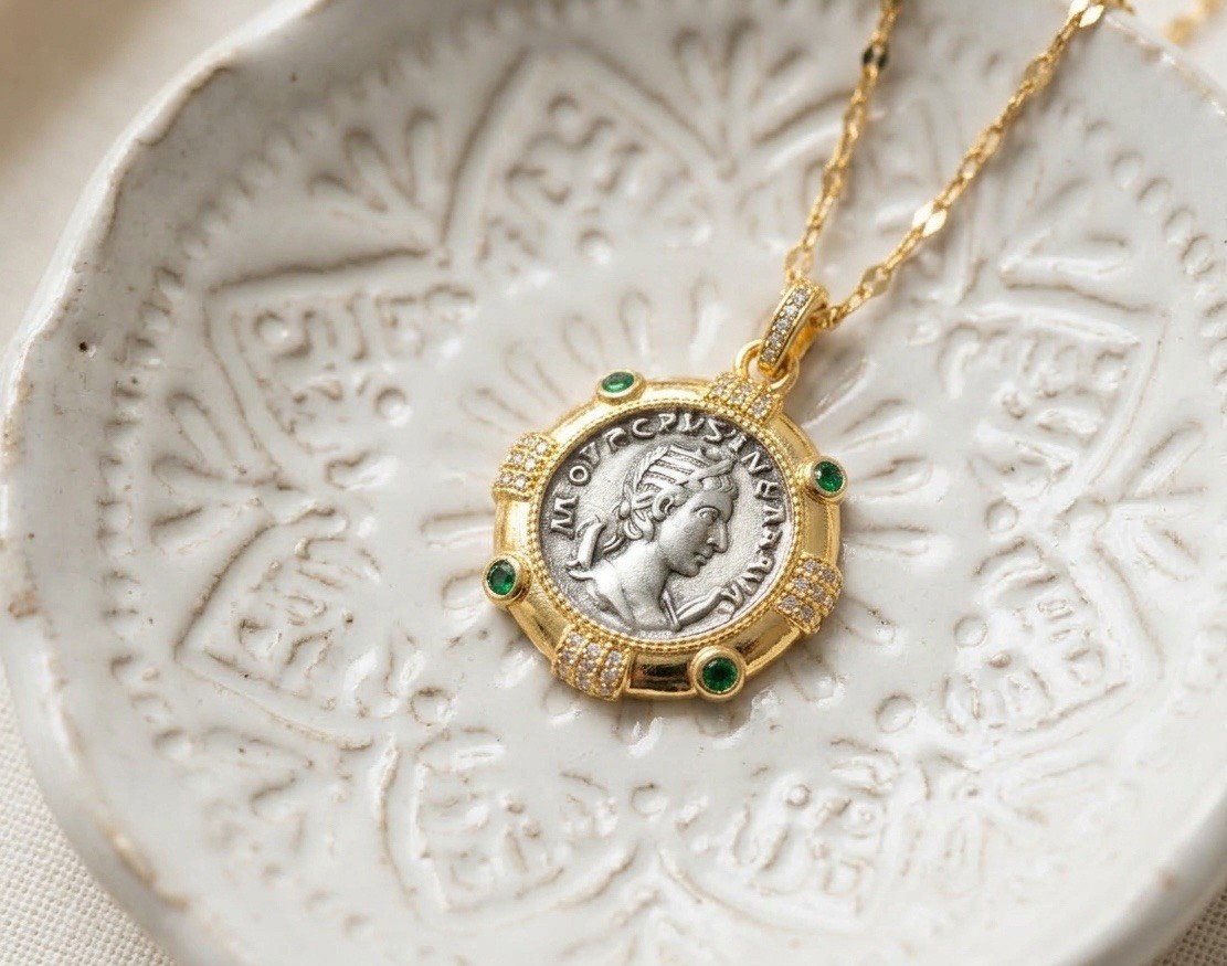 Ancient Greek Roman Coin Medieval Necklace Queen Gold Medallion Pendant CZ Boho