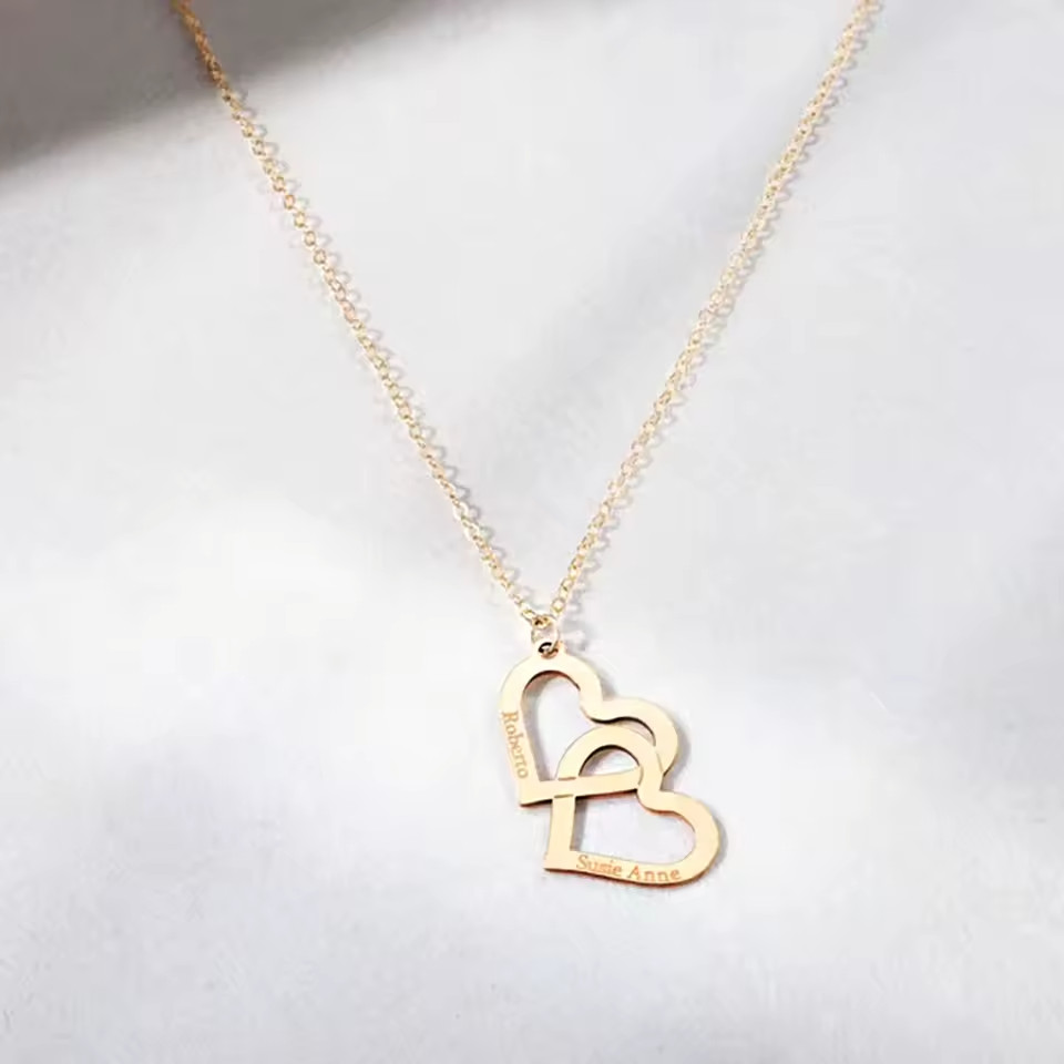 Custom Double Name Couple Necklace Pendant Jewelry Engraved Hearts Anniversary