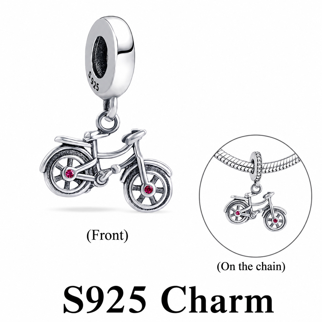 S925 Sterling Silver Bicycle Pink Riding Scooter Pendant Charm Bracelet simulate