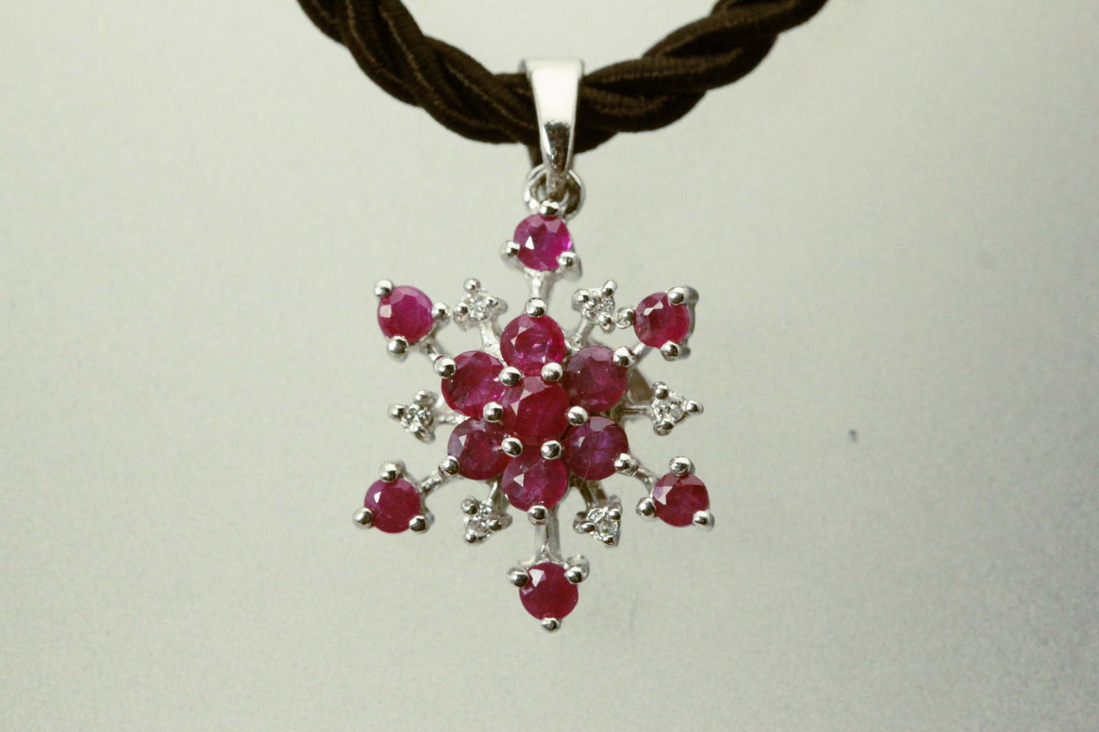 Red Ruby & Diamond Chips Snowflake Sterling Pendant Black Cord 5.4g (NEC5716)