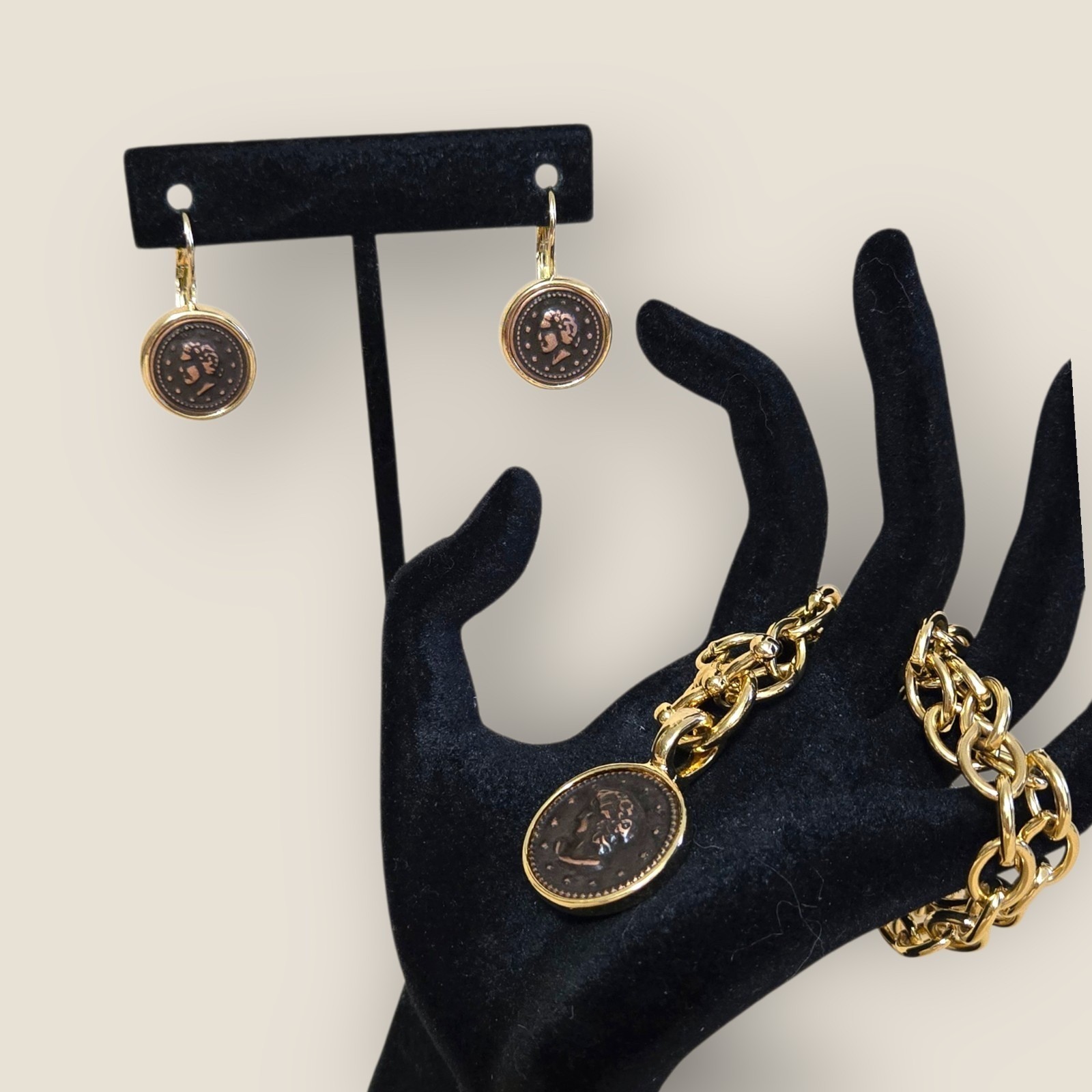 Gold Plated Toggle Necklace 17″ & Bronze Coin Enhancer Pendant & Coin Earrings