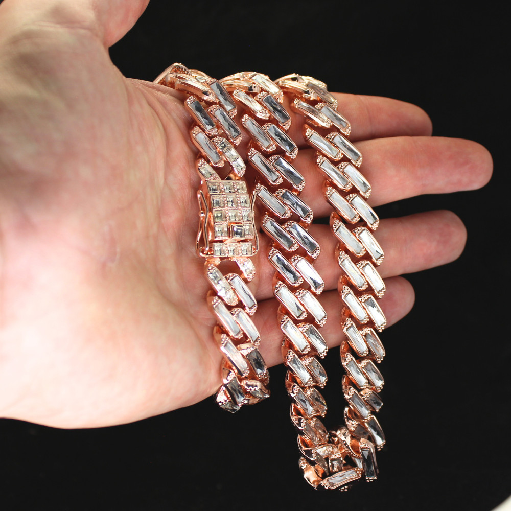 Mens 16mm Iced Baguette CZ Square Miami Cuban Link 14k Rose Gold Plated Necklace
