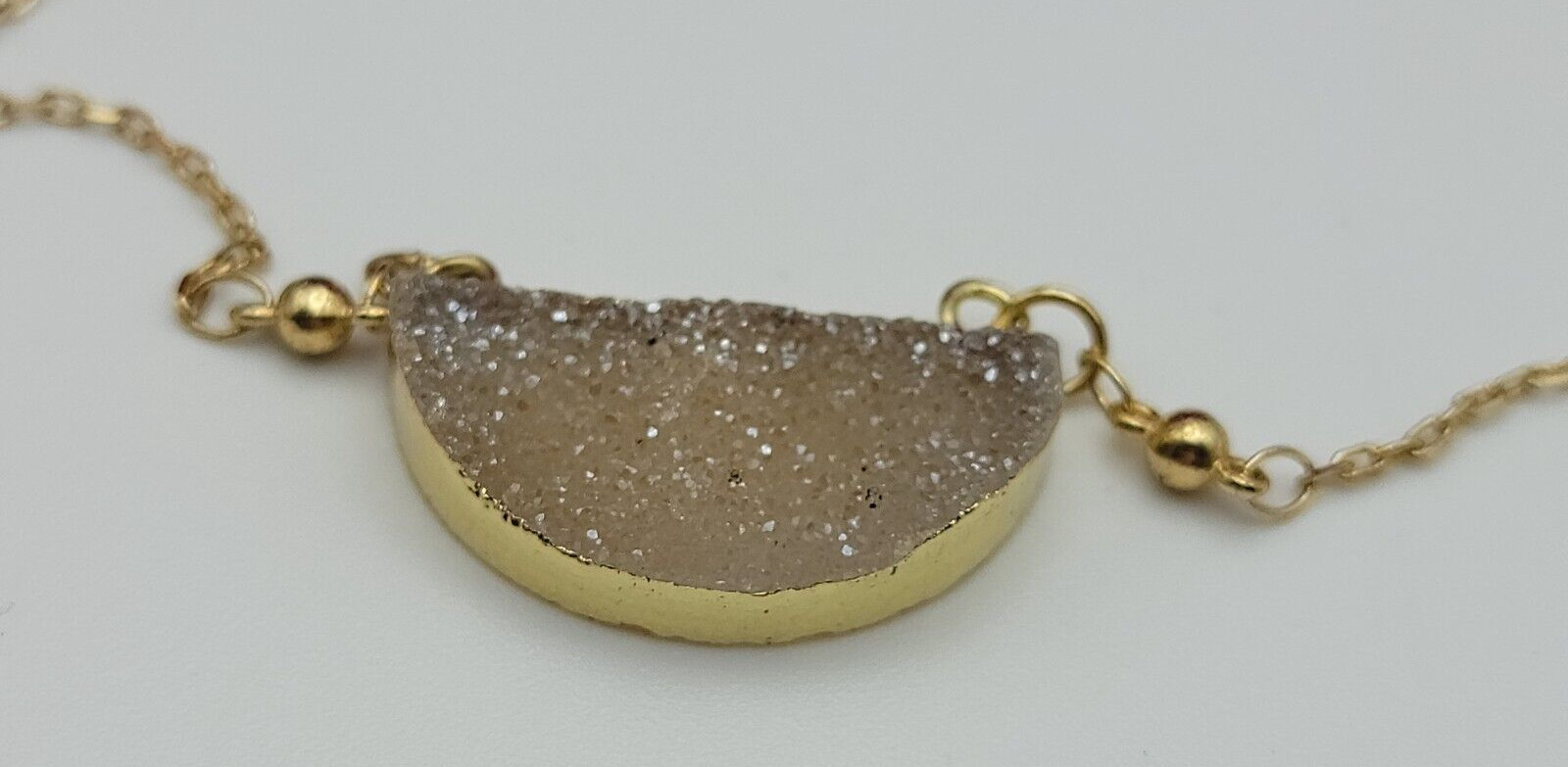 Gold Tone Half Moon Druzy Crystal Necklace 35″ Continuous Strand Signed NR