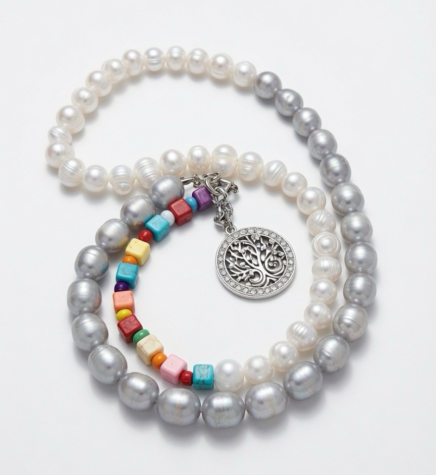 White Gray Pearl Beaded Necklace Multicolor Turquoise Tree of Life Charm Silver
