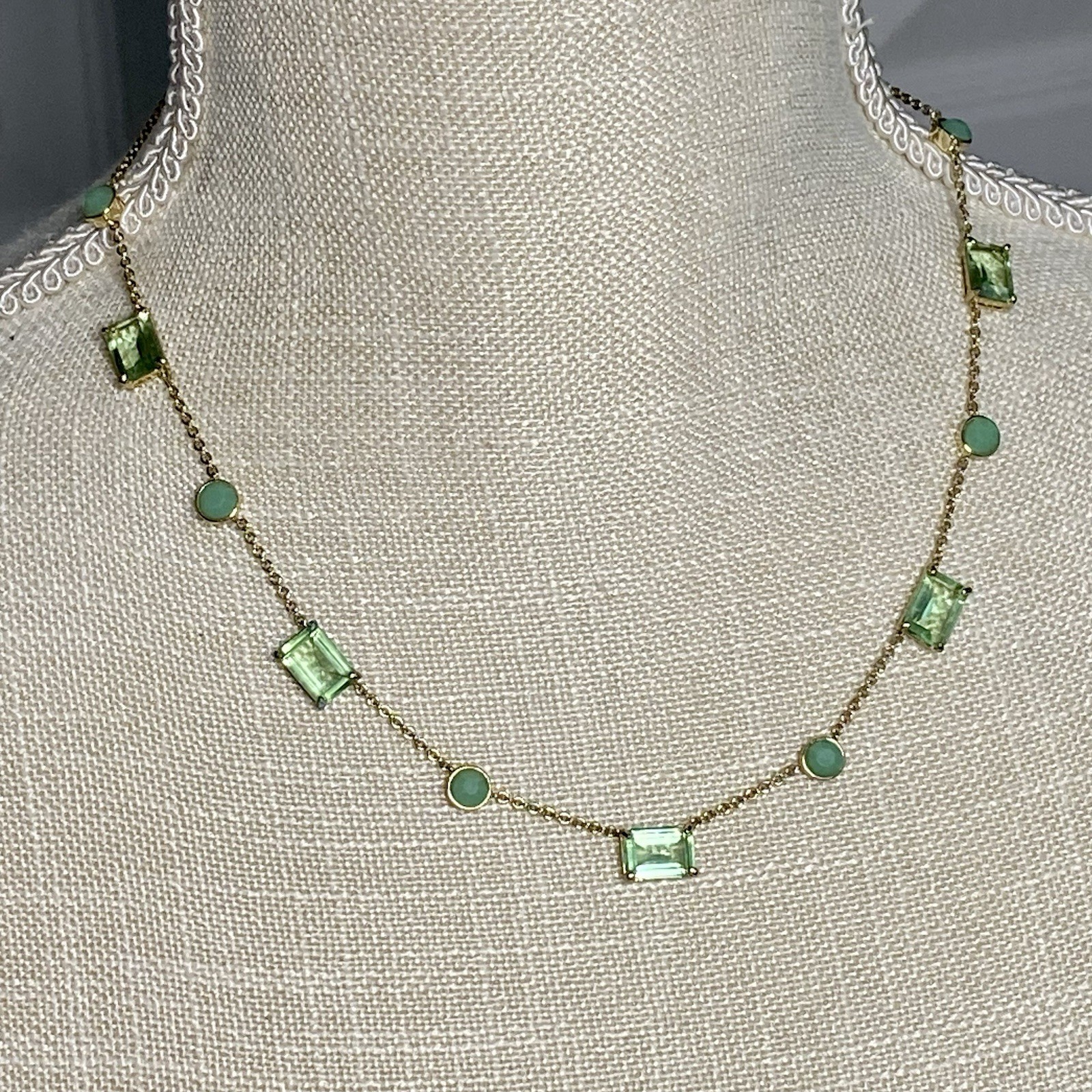 LRL Ralph Lauren Station Necklace Gold Tone With Green Emerald Cut Stones 16”