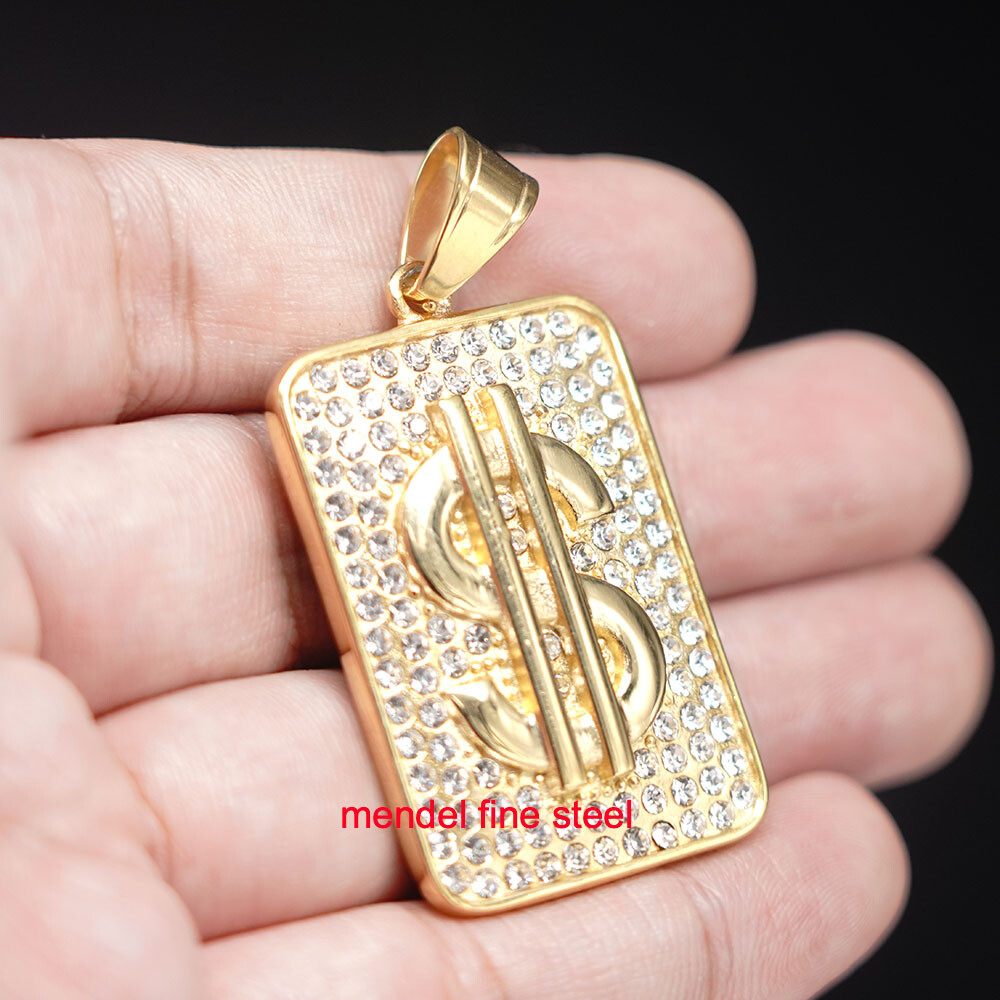 MENDEL Mens Gold Plated Hip Hop Dog Tag Bling Money Dollar Sign Pendant Necklace