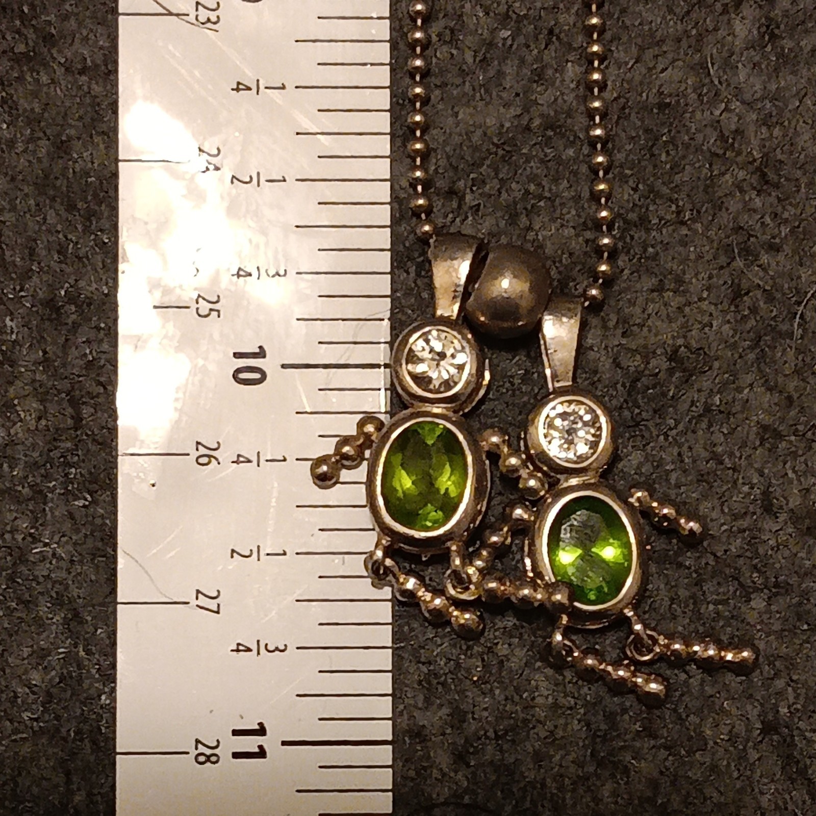 Vintage 925 Italy Silver Bead Chain Necklace Green Peridot Rhinestone Boy Girl