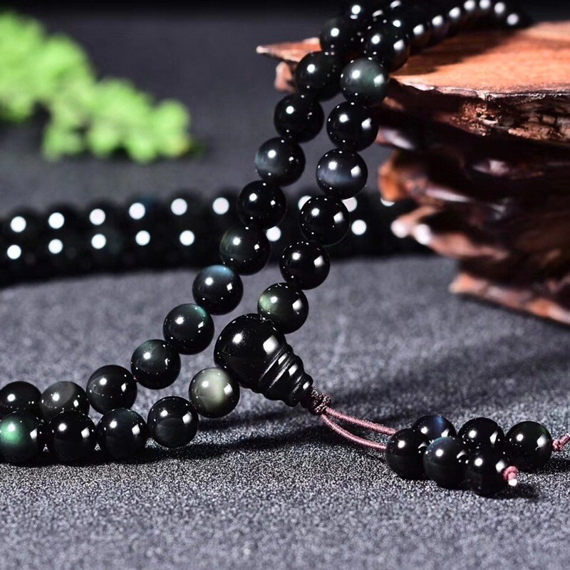 Rainbow Eye Obsidian 108 Mala Beads Prayer Necklace Multilayers Healing Bracelet