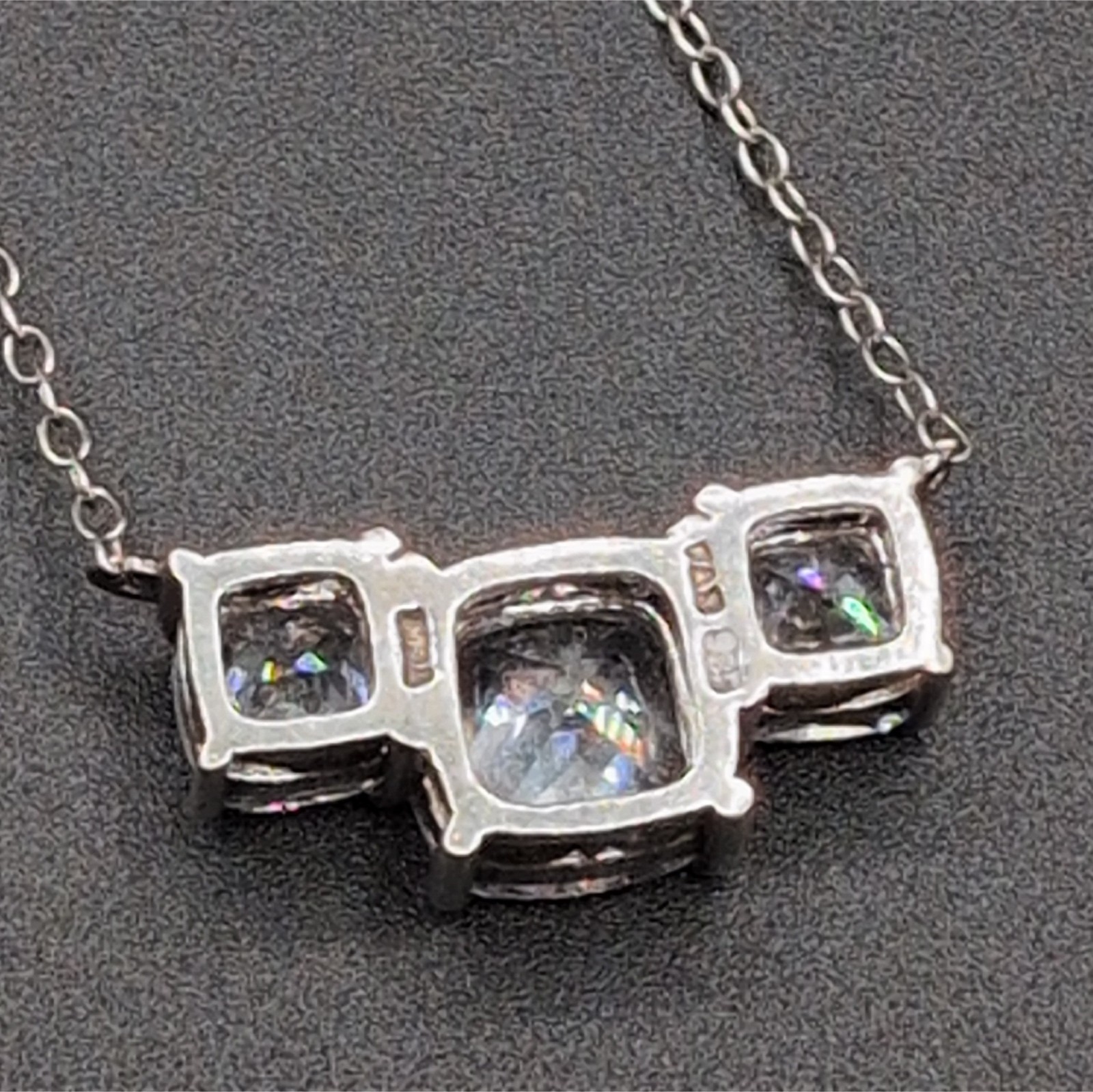 Necklace Three Triple Cushion Cut Clear Colorless Rhinestones 18.25″ 925 Silver