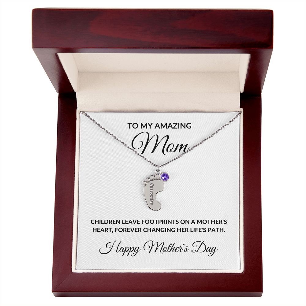 Mother’s Day Personalized Engraved Birthstone Necklace Baby Feet Gift for Mom