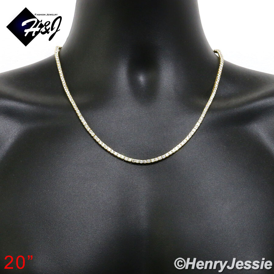 925 STERLING SILVER ICY BLING CZ 17-28″X3MM GOLD PLATED 1 ROW TENNIS NECKLACE*10