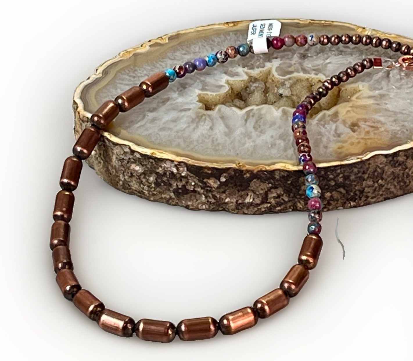 Sea Sediment Jasper Beaded Copper Barrel Bead Necklace Round Multicolor- 15 in