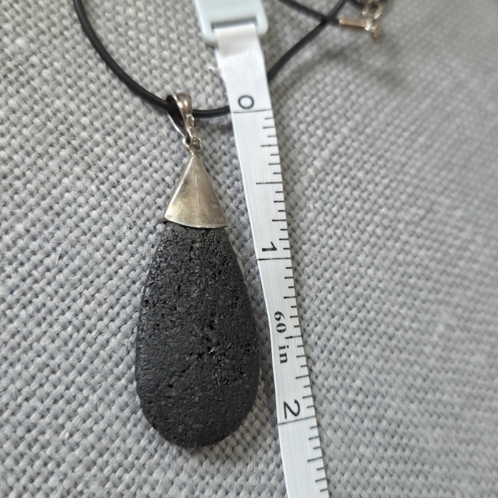 Pendant Teardrop Black Lava Rock Stone 925 Sterling Silver Healing Vintage