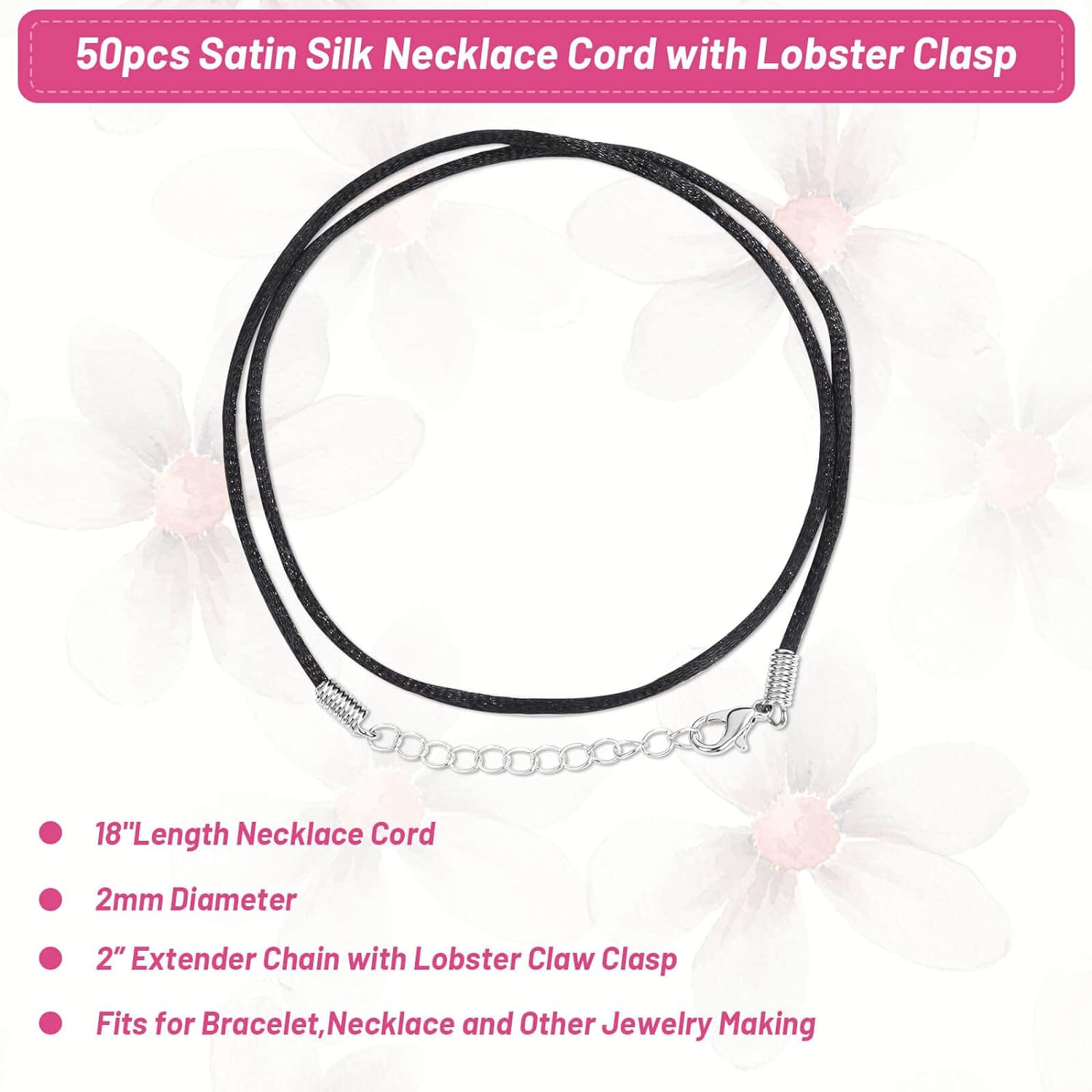 50Pcs Satin Silk Necklace Cord with Lobster Clasp and Extension Chain for Neckla