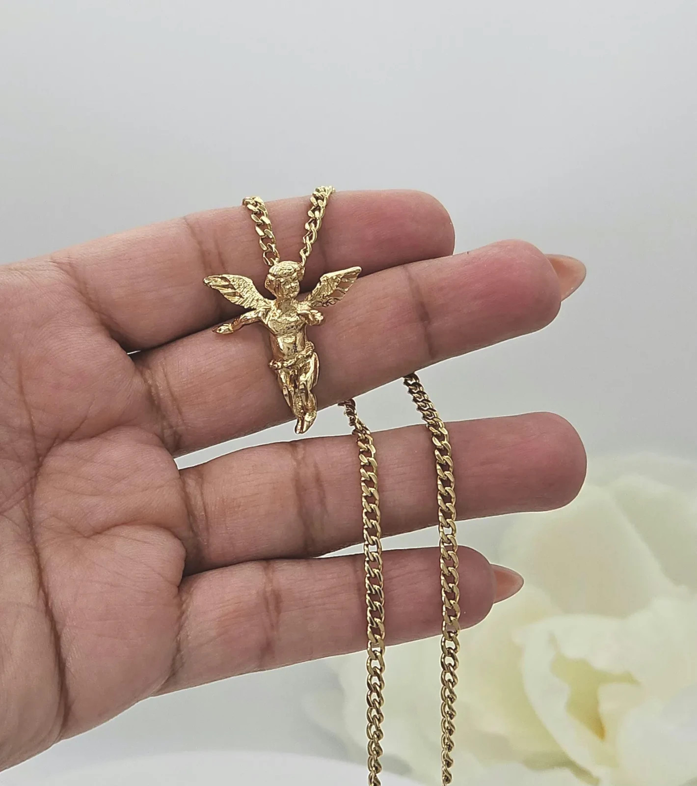 Gold Medium Sized Angel, 14K Heavy Plated Gold, 3mm Curb Chain, Unisex