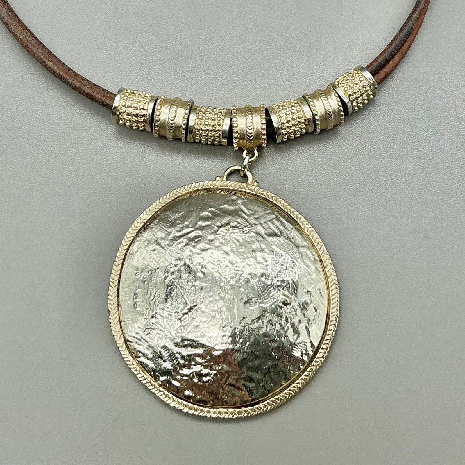 Chicos Necklace Brown Leather Cord Hammered Disc Pendant Gold Silver Tone 18-21″