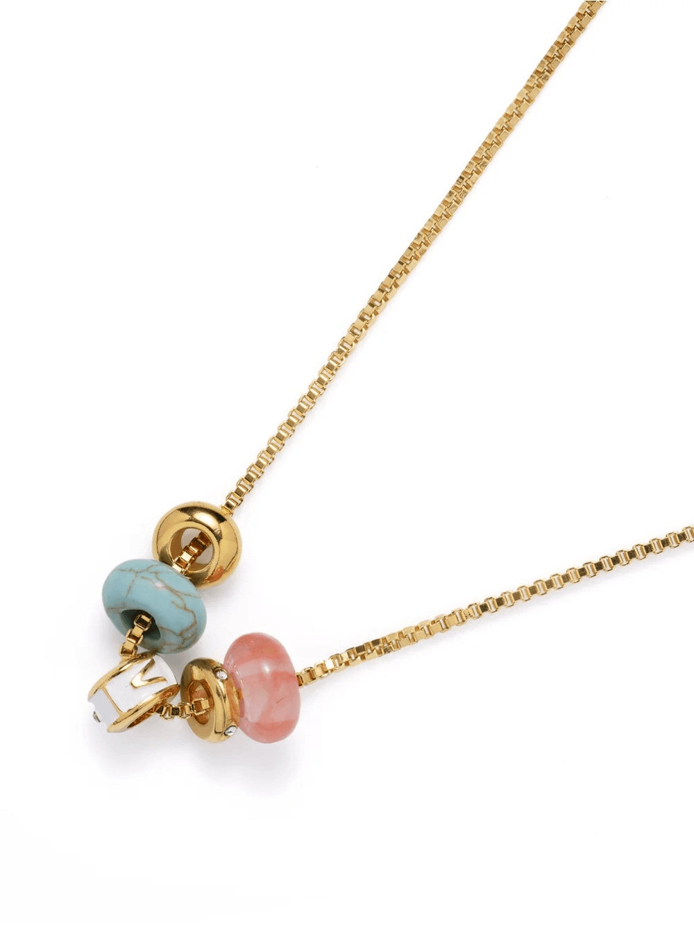 V’ Gold Chain Necklace with Turquoise and Pink Bead Accents