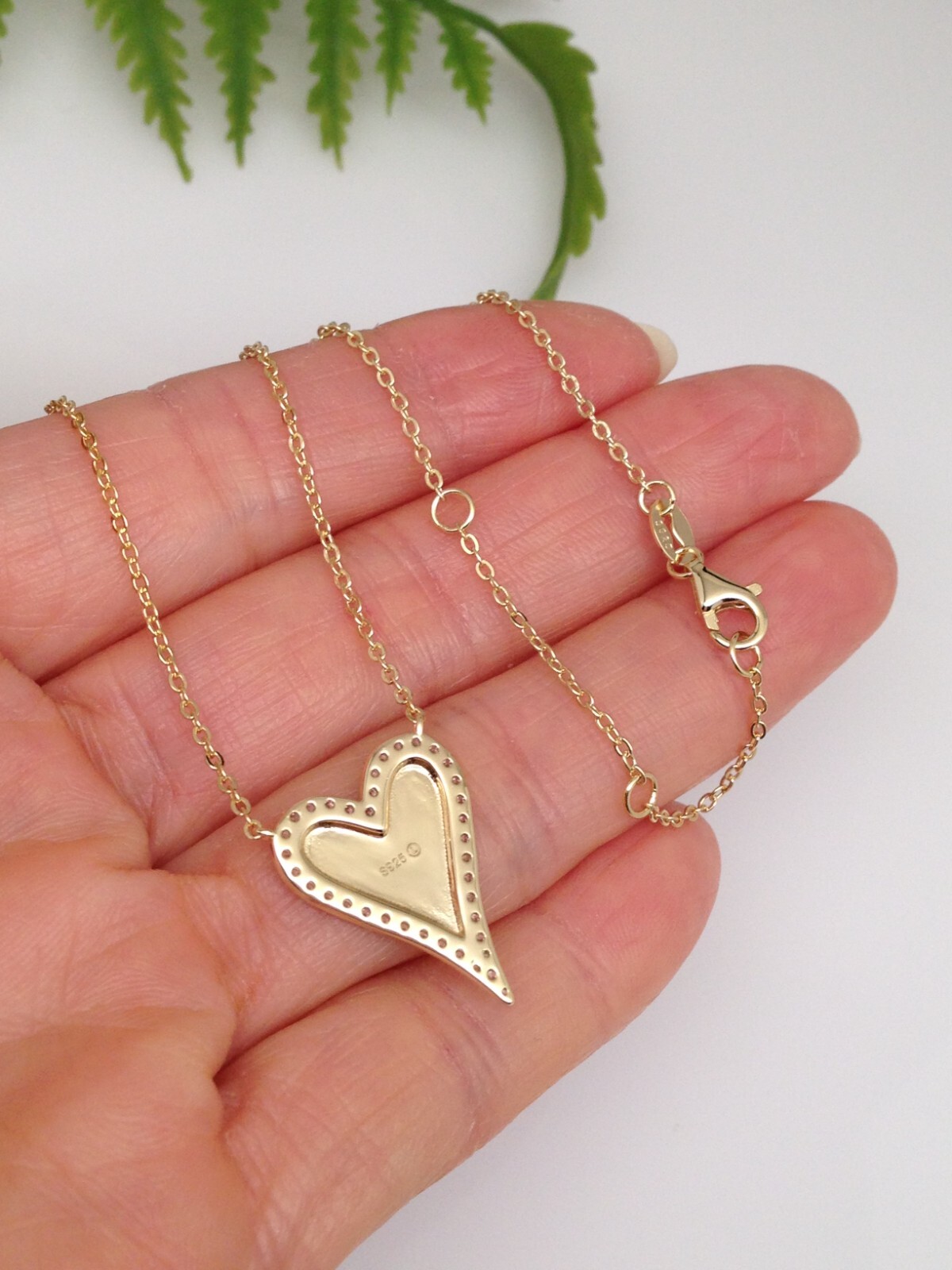 925 Sterling Silver CZ Matte Gold Heart Pendant Necklace Women 19mm/0.75″ 17.5”