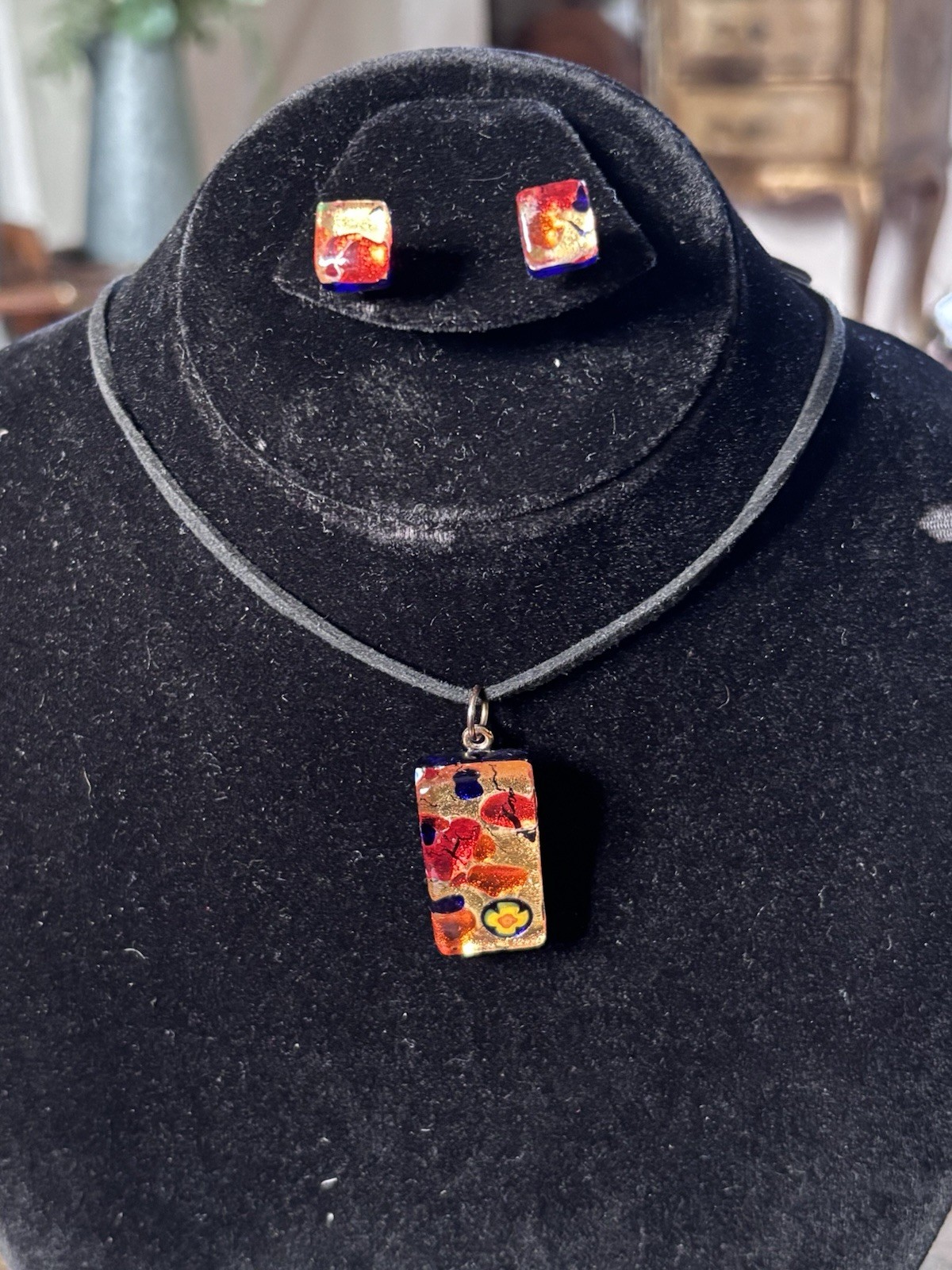 Murano Glass Pendant & Earrings Set Millefiori Gold Foil Venetian Boxed