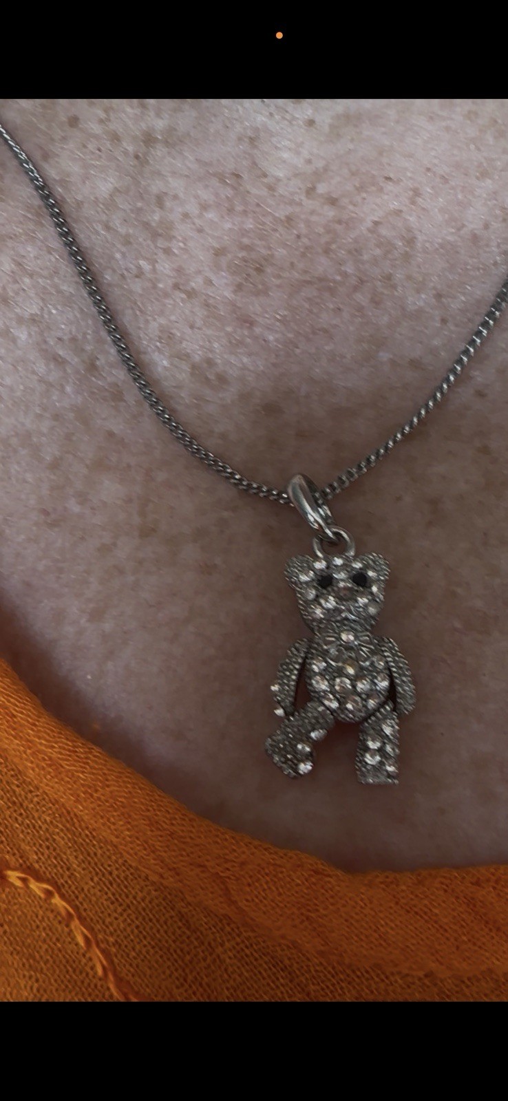 Vintage Style Articulated Rhinestone Teddy Bear Pendant Necklace Silver Tone