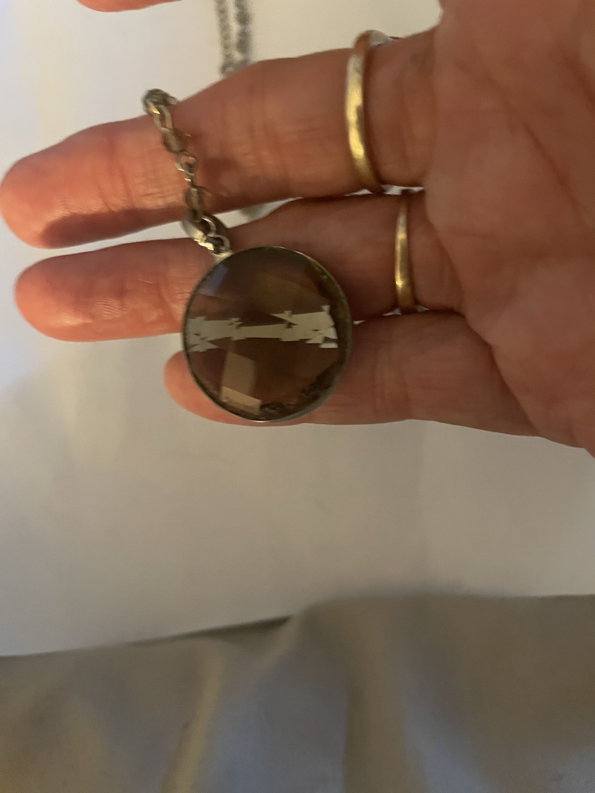 Silver Tone Rolo Chain Necklace Round Brown Glass Charm Pendant Bezel Set