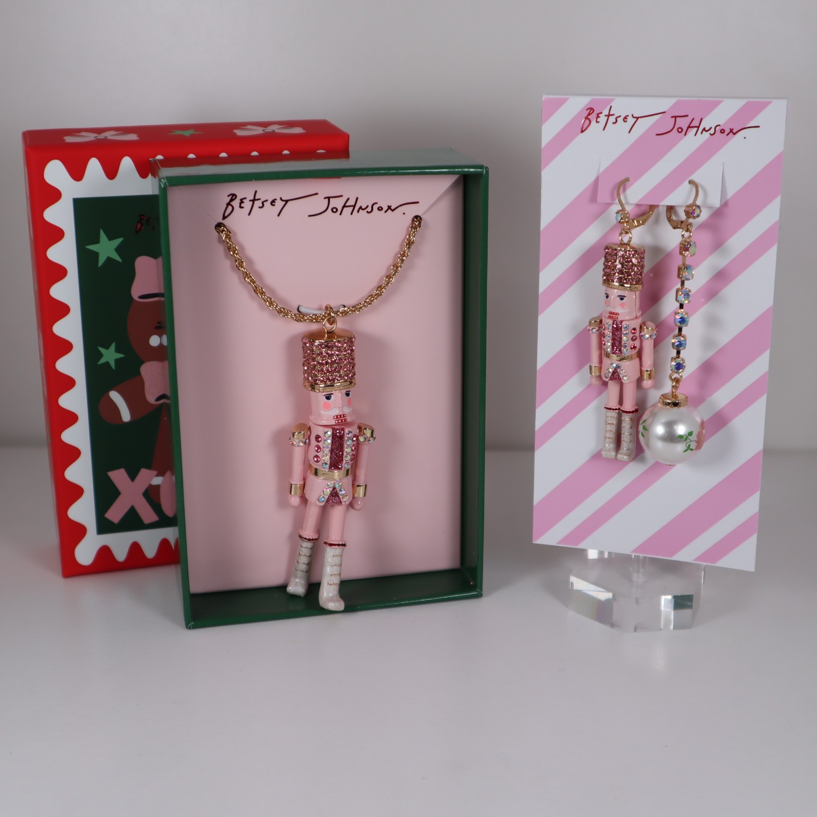 BETSEY JOHNSON Christmas Pink Nutcracker Earrings and Pendant Necklace Bundle