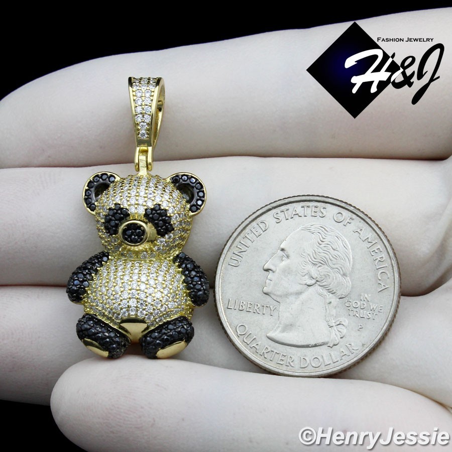 925 STERLING SILVER BLACK/CLEAR MOISSANITE 3D GOLD PLATED PANDA PENDANT*MGP554