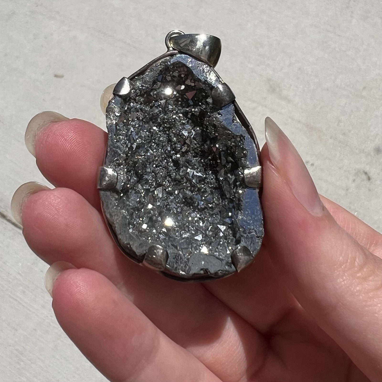 Grey/Black Druzy Geode Pendant 925 FNA VERY SPARKLY Round Back Handmade Jewelry