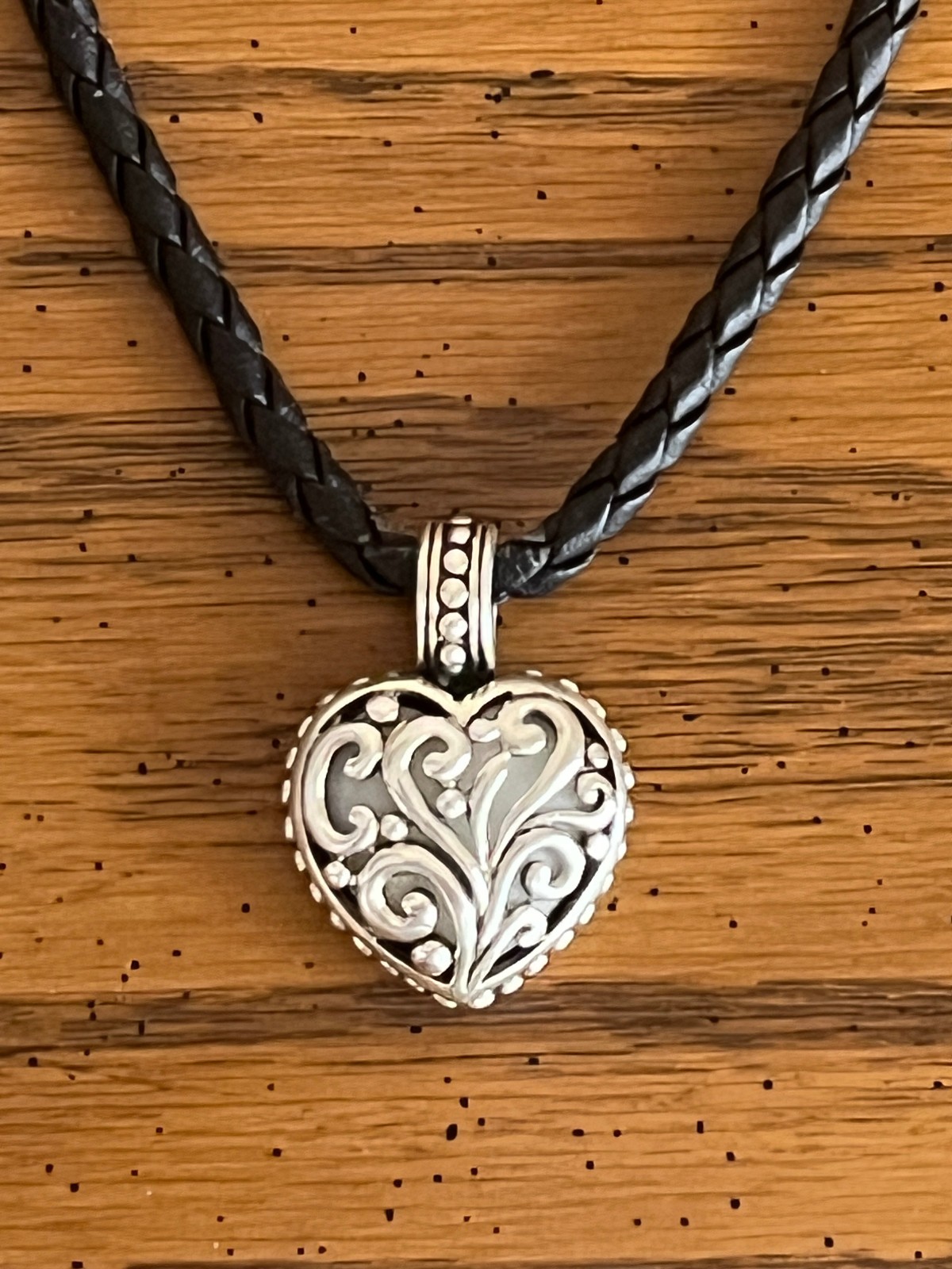 15 INCH 925 SILVER & MOTHER OF PEARL HEART BLACK BRAIDED ROPE NECKLACE