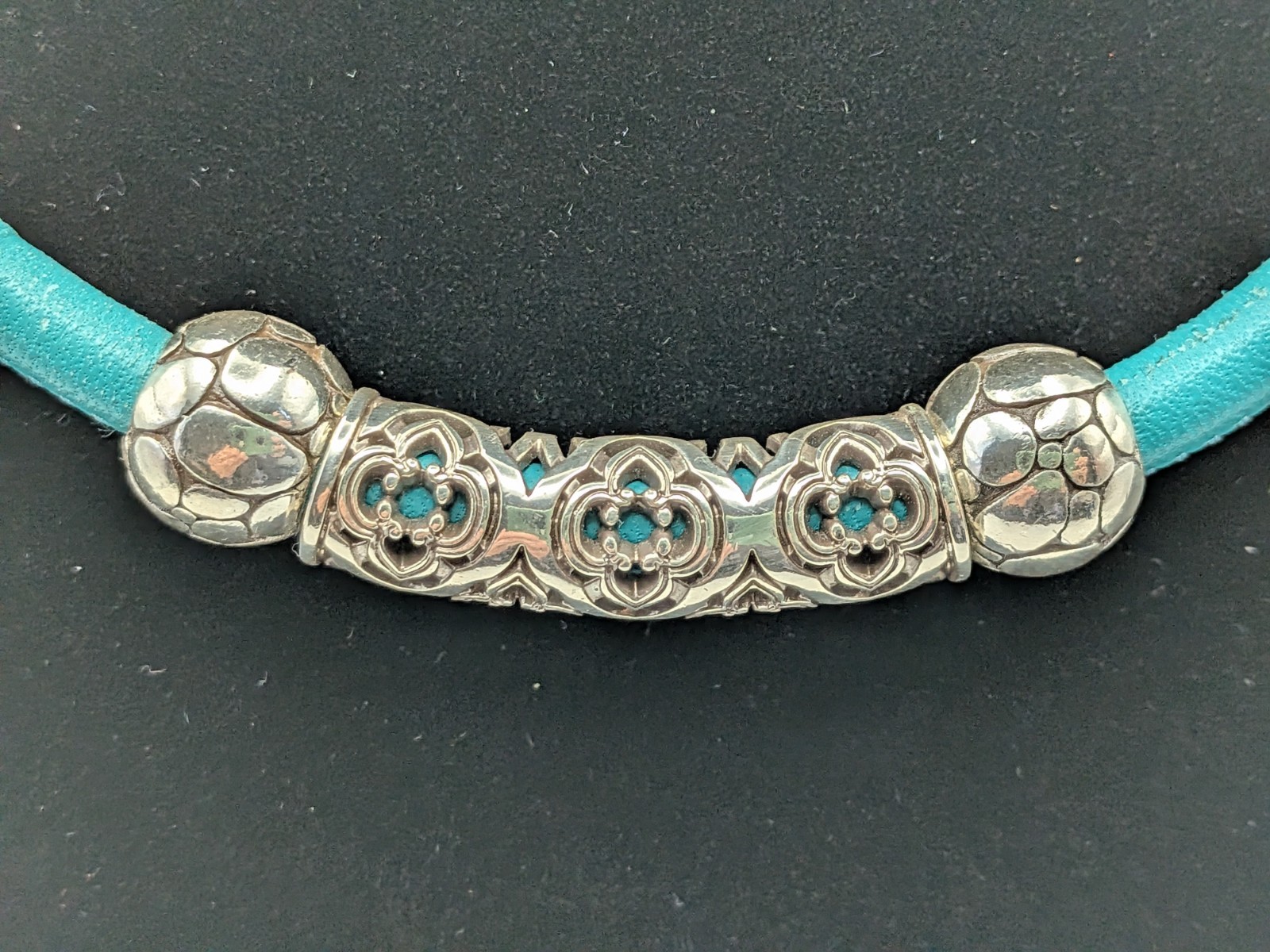 Brighton Faux Turquoise Leather Silver Beads Choker Necklace 15.5 Inches