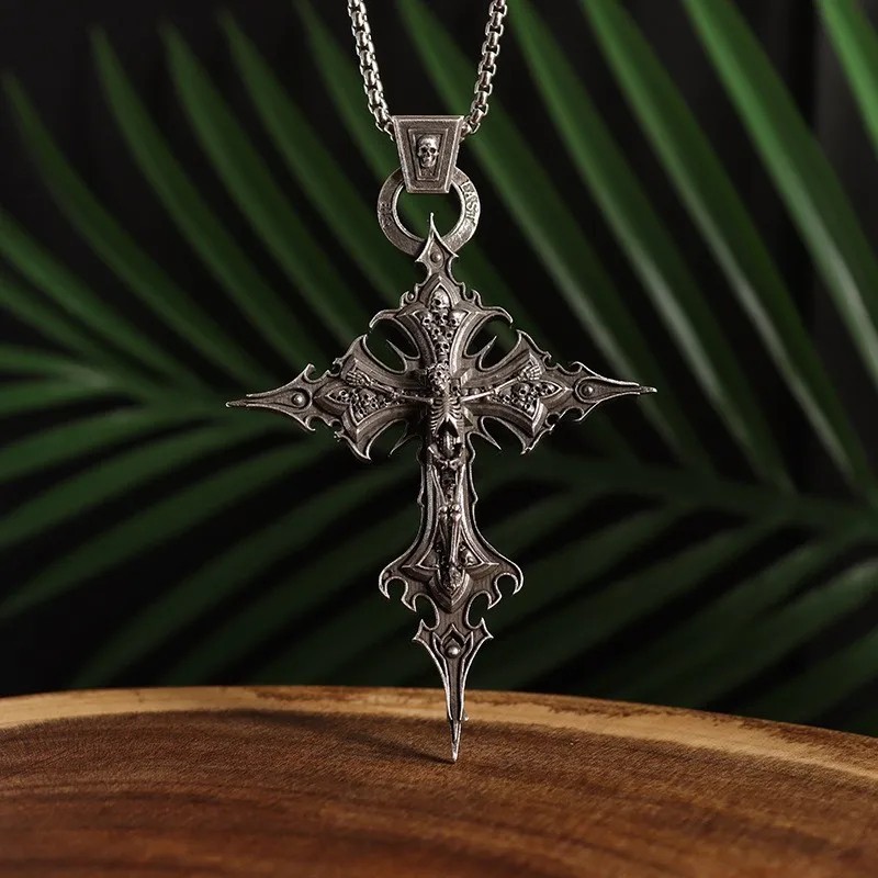 Gothic Skull Cross Pendant Necklace Jesus Crucifix Punk Catholic Jewelry