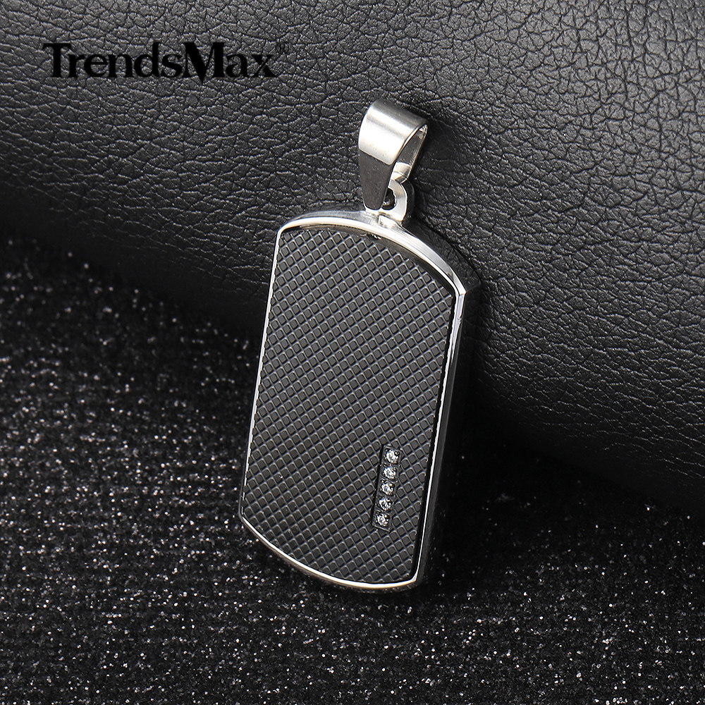 Men’s Stainless Steel Black Dog Tag Pendant Necklace with Bling CZ Bead Jewelry