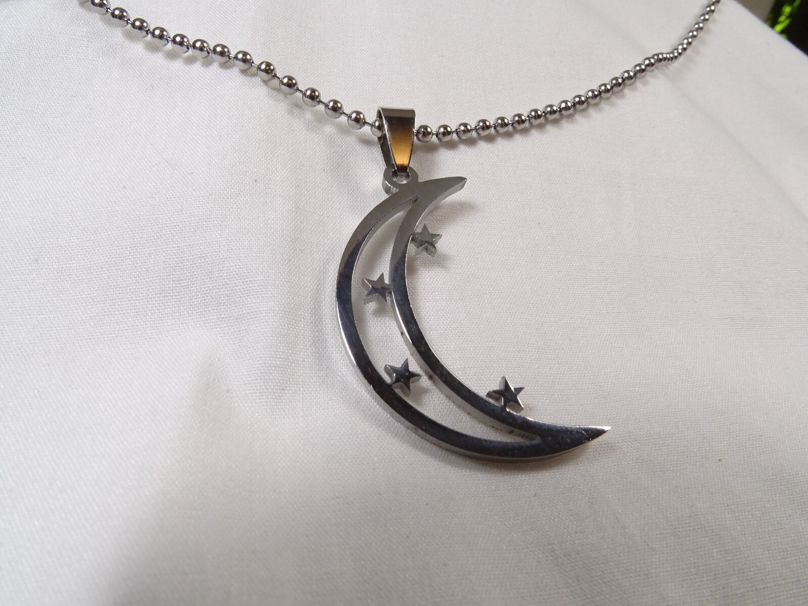 New Large Chrome Stainless Moon & Stars 25” Steel Ball Chain Unisex Necklace