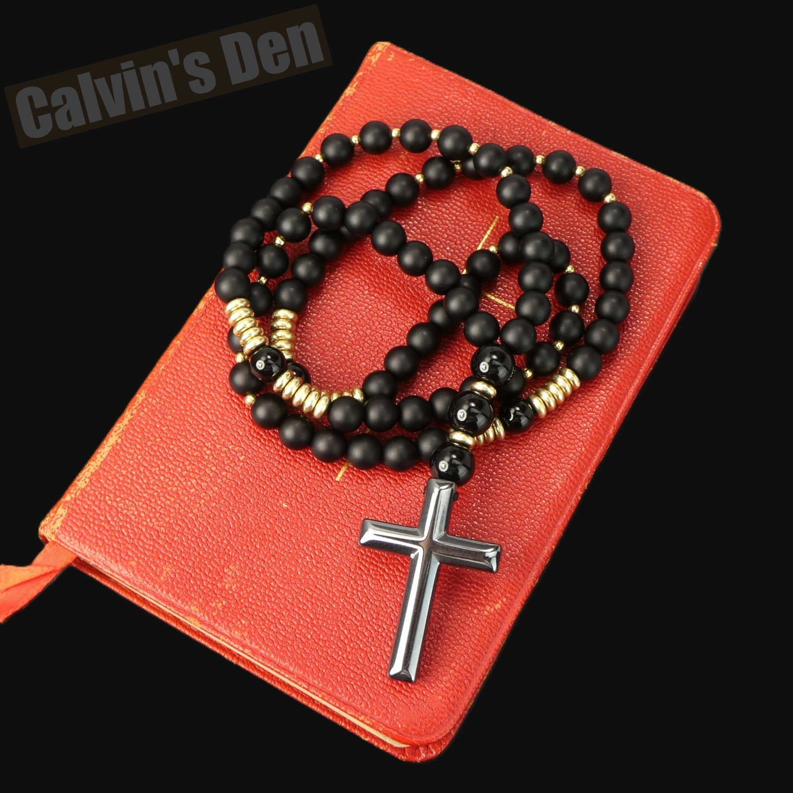 Matte Black Obsidian Polished Black Onyx Bead Cross Necklace Men Women Gift