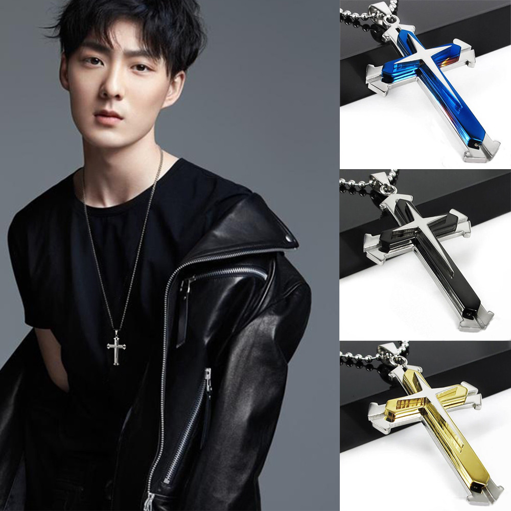Men’s Fashion Pendant Stainless Steel Cross Pendant Chain Metal Plated Necklace