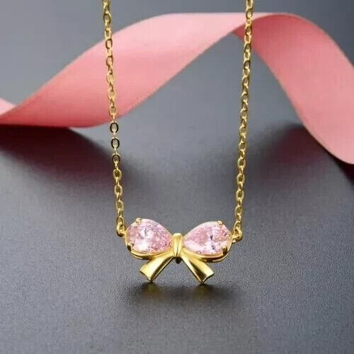 Women’s Bow Pendant 2Ct Pear Cut Simulated Pink Sapphire 14k Yellow Gold Plated