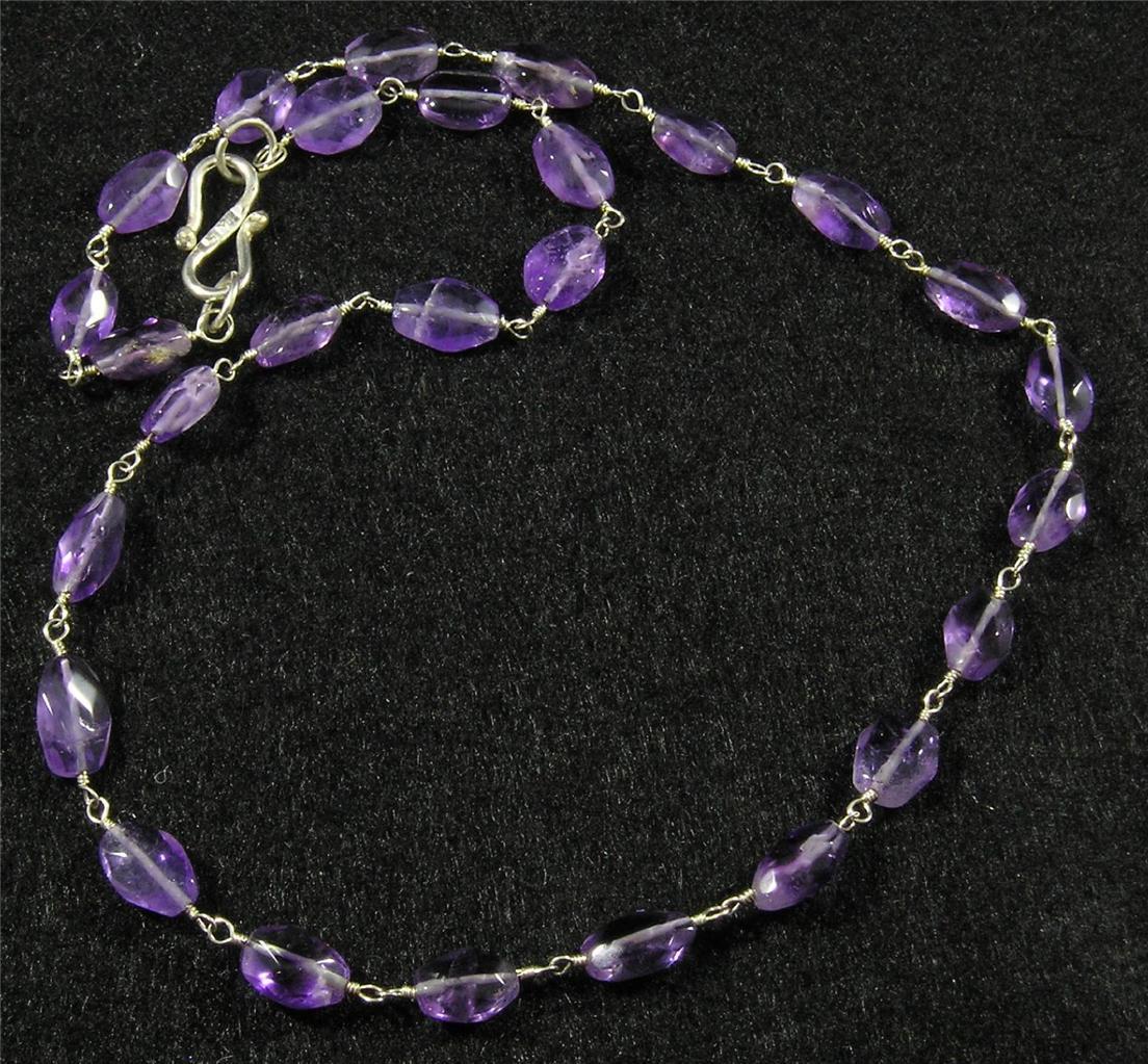 Medium Purple Natural Amethyst Faceted Flat Oval Necklace 17″ Silver Plated