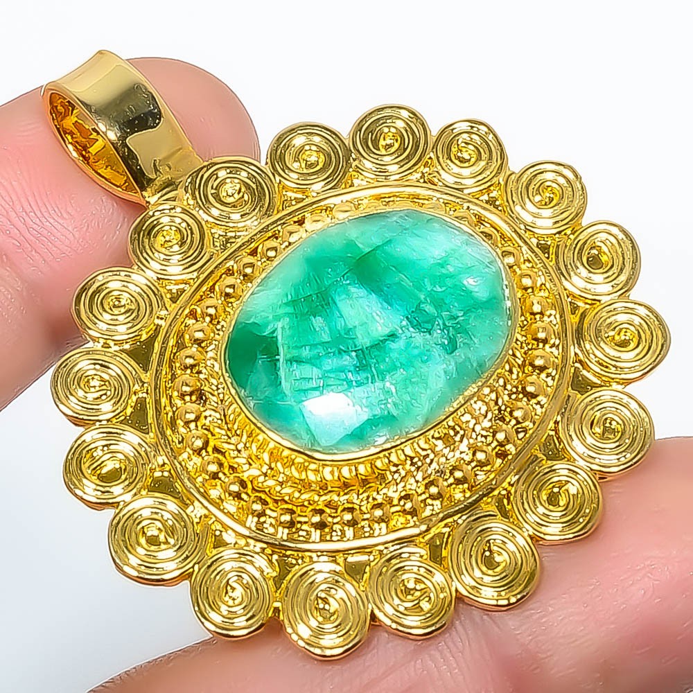 Emerald (Lab-Created) Silver Gold Plated Pendant 1.76″ P7622-144