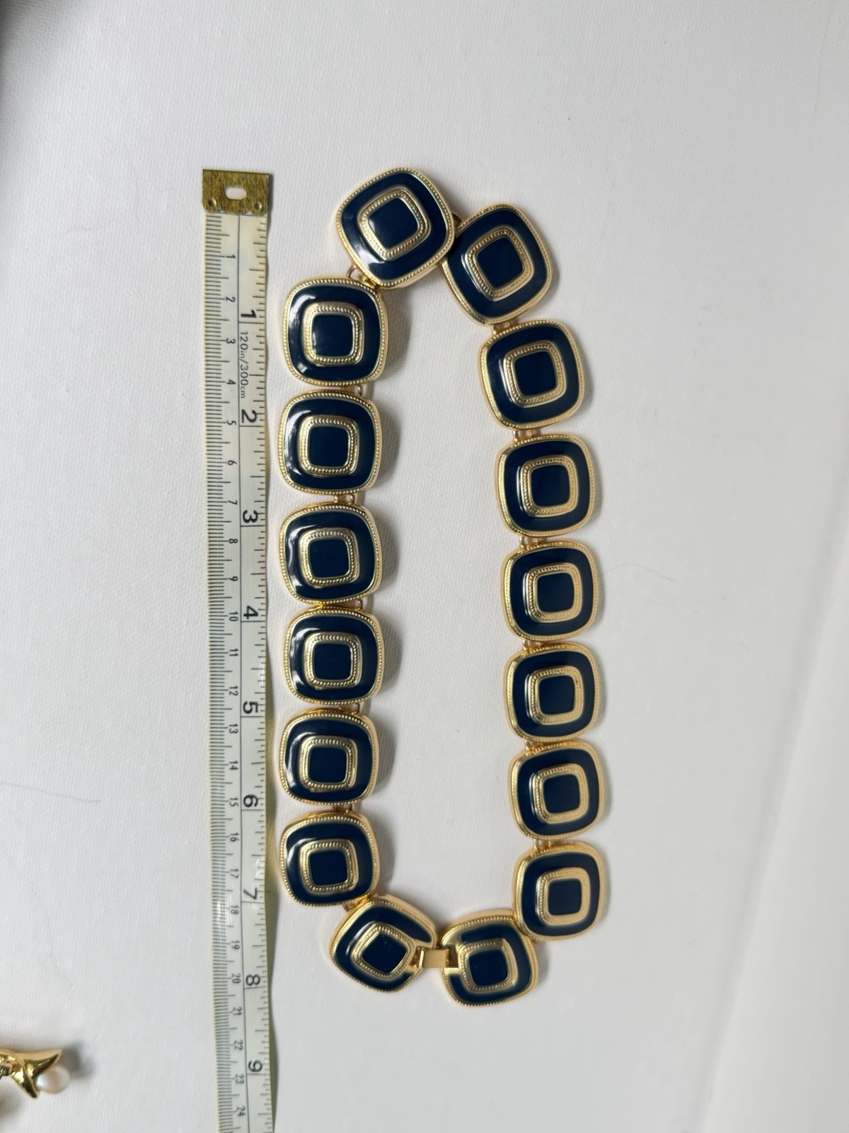 Vintage Gold Tone Navy Blue Enamel Geometric Statement Necklace Choker Collar