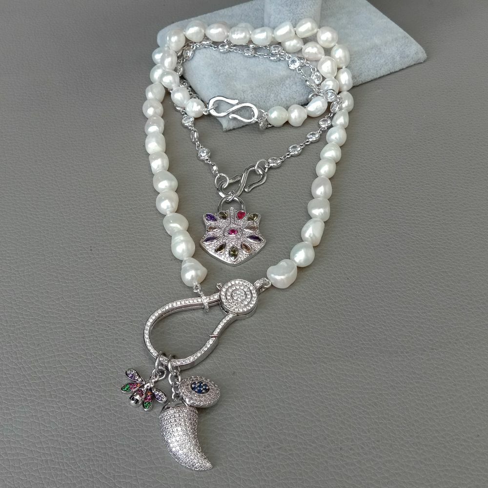 2 rows Cultured White Baroque Pearl Cz pave Drop Charm Necklace 19”