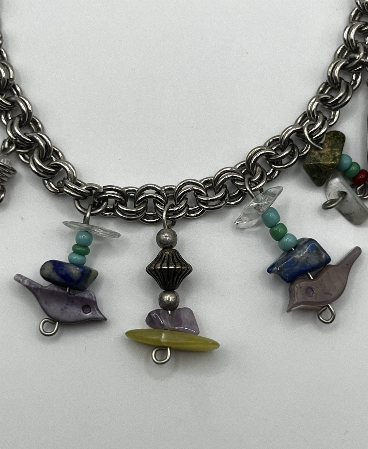 Peruvian Artisan Bird Charm Necklace Mixed Stone Peru Coin Boho Folk Art