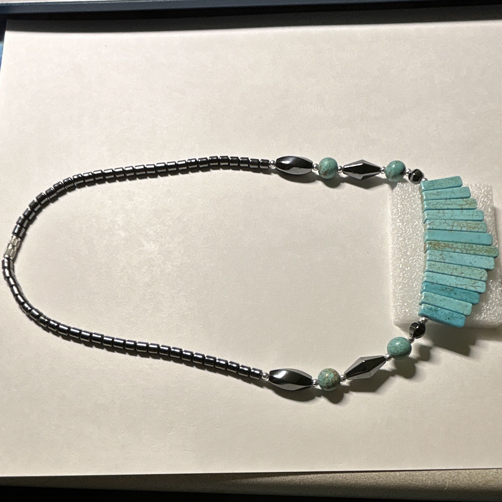 Turquoise Rectangle Bar Pendant Necklace w/ Hematite Black Beads Barrel Clasp
